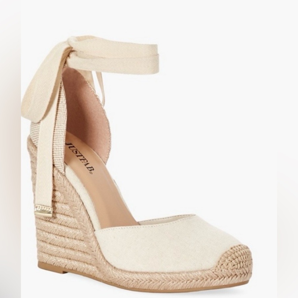 JustFab Beige Ankle-Tie Wedge Espadrilles